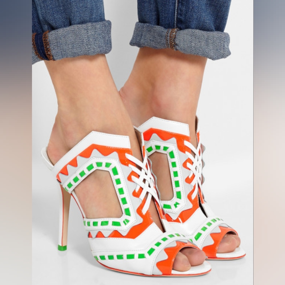 SOPHIA WEBSTER Riko neon orange green leather peep toe mule sandals Size 38 1/2